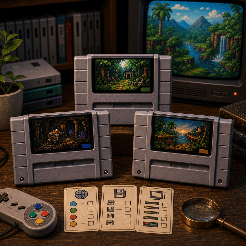 Donkey Kong Country 3: Map Progression and Late-SNES Ambition inline product-style image of jungle platformer retro-style cartridges.