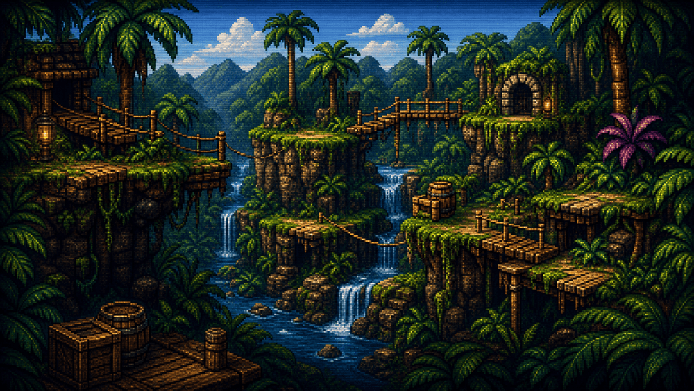Donkey Kong Country 3: Map Progression and Late-SNES Ambition inline illustration of an original 16-bit jungle platform stage.
