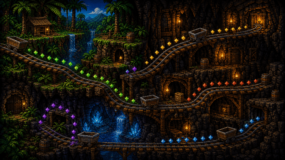 Donkey Kong Country 3: Map Progression and Late-SNES Ambition inline illustration of mine cart routes and secret platform paths.
