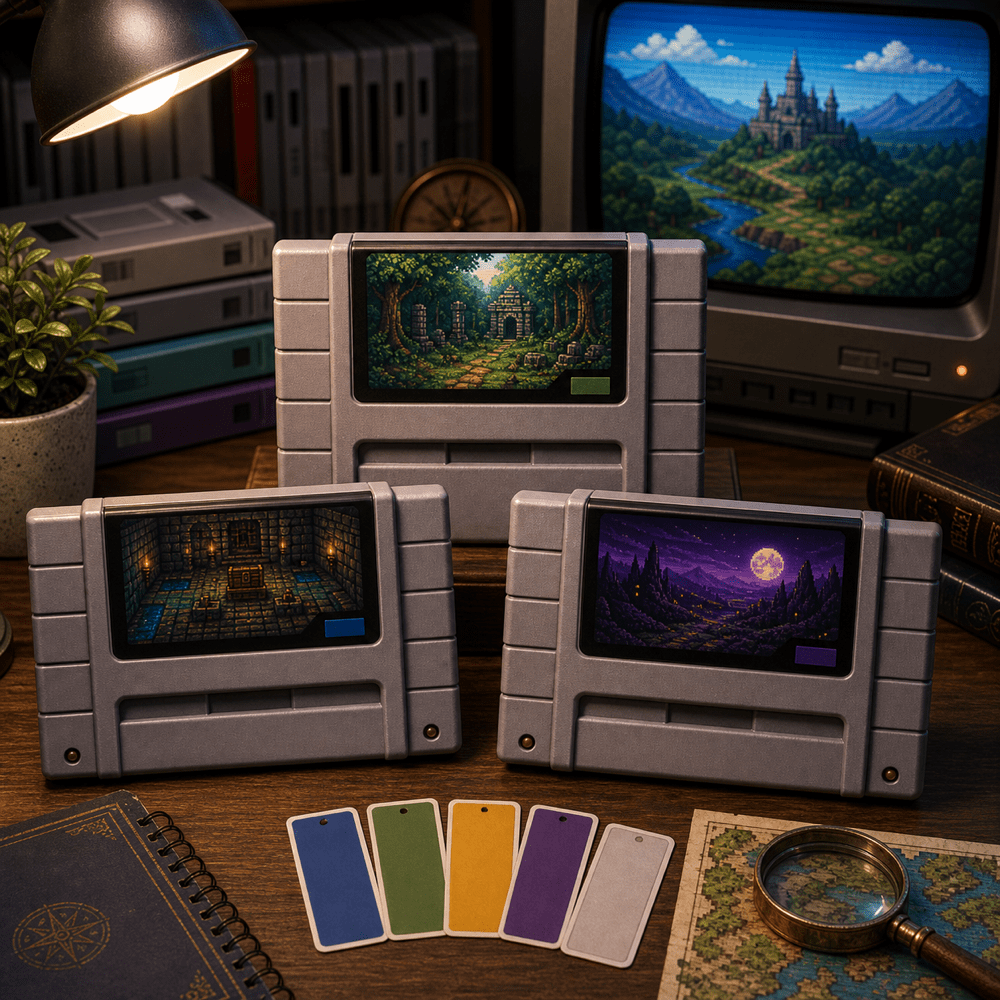 Light World and Dark World: How Dual Maps Changed 16-Bit Adventures inline product-style image of fantasy adventure retro-style cartridges.