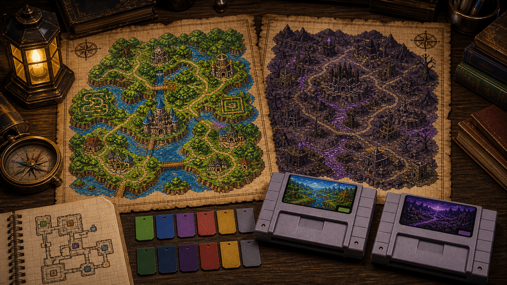 Light World and Dark World: How Dual Maps Changed 16-Bit Adventures inline illustration of dual fantasy adventure maps on a collector desk.