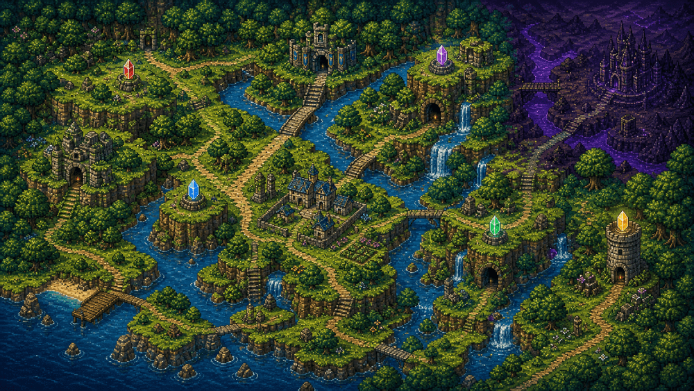 Light World and Dark World: How Dual Maps Changed 16-Bit Adventures inline illustration of an original fantasy adventure overworld.