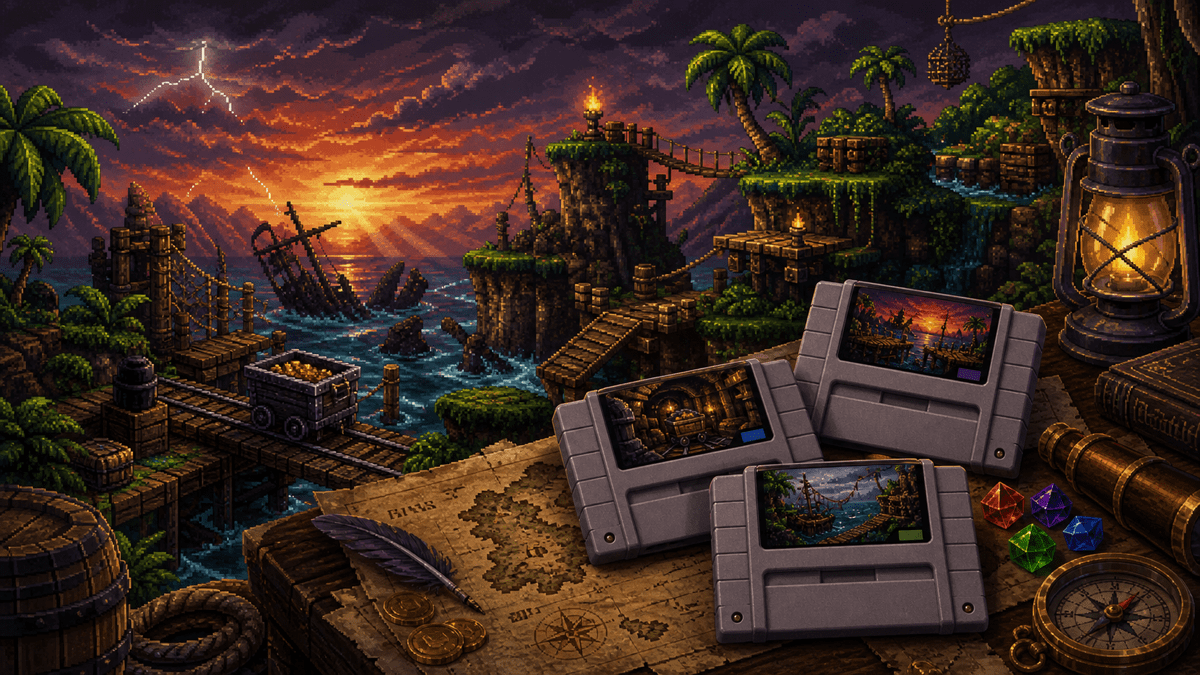 Donkey Kong Country 2: Pirate Islands and Platforming Rhythm featured image in 16-bit jungle platformer collector style.