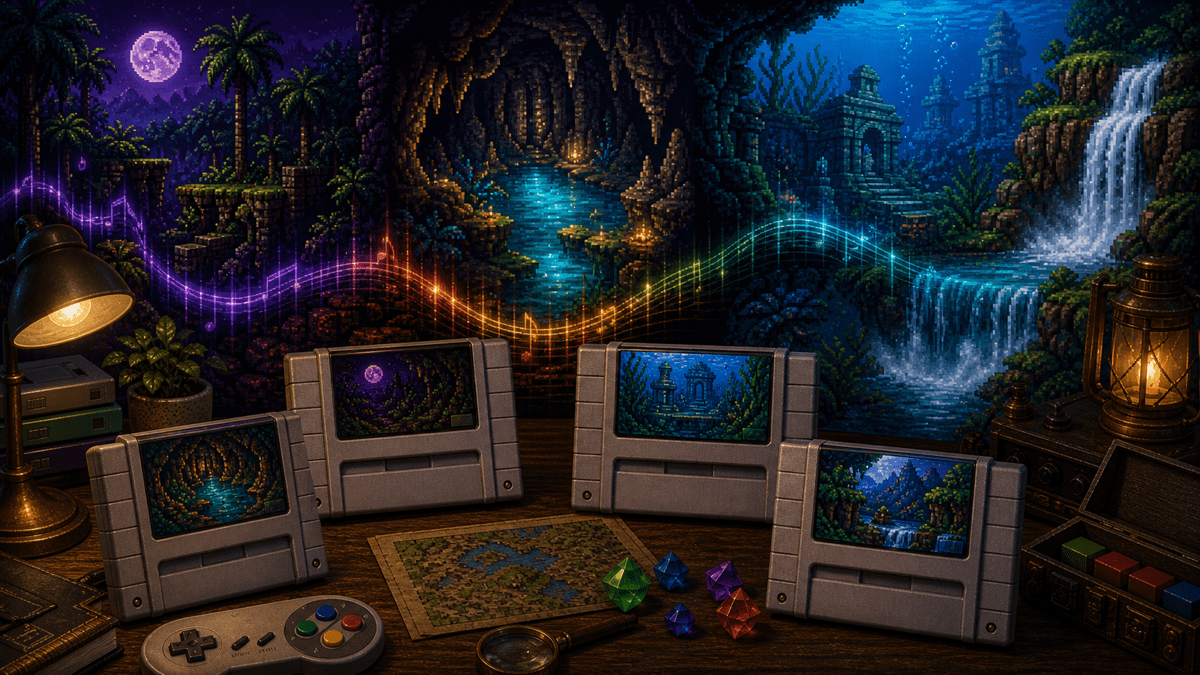 Donkey Kong Country Music and Atmosphere: Jungle, Caves, and Aquatic Mood featured image in 16-bit jungle platformer collector style.