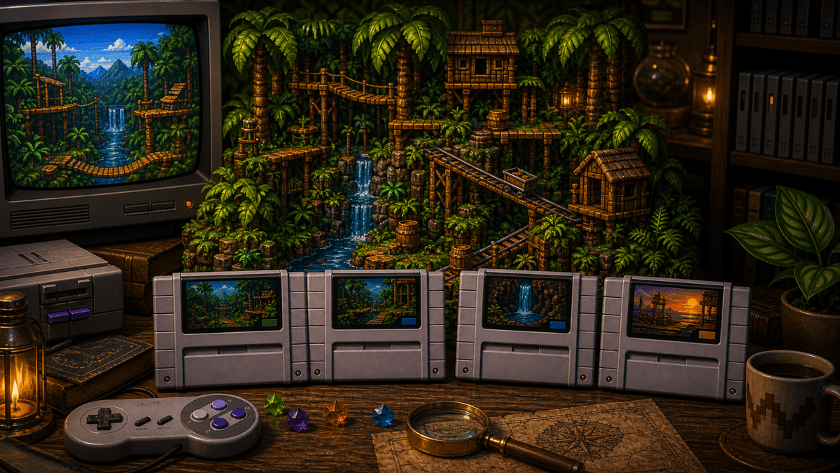 Donkey Kong Country on SNES: The Series Index for 16-Bit Collectors featured image in 16-bit jungle platformer collector style.