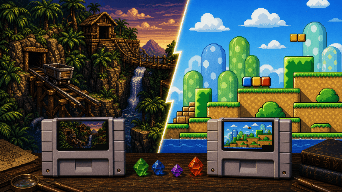 Donkey Kong Country vs Super Mario World: Two 16-Bit Platform Traditions featured image in 16-bit jungle platformer collector style.