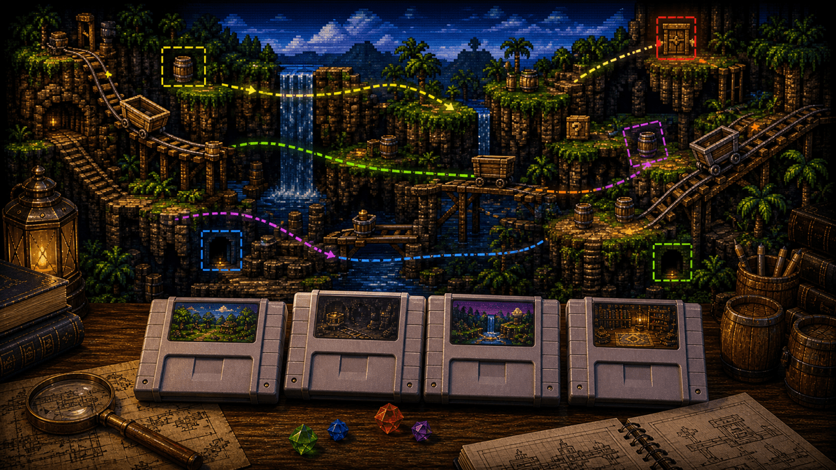 Mine Carts, Barrels, and Bonus Rooms: Donkey Kong Country Level Design featured image in 16-bit jungle platformer collector style.