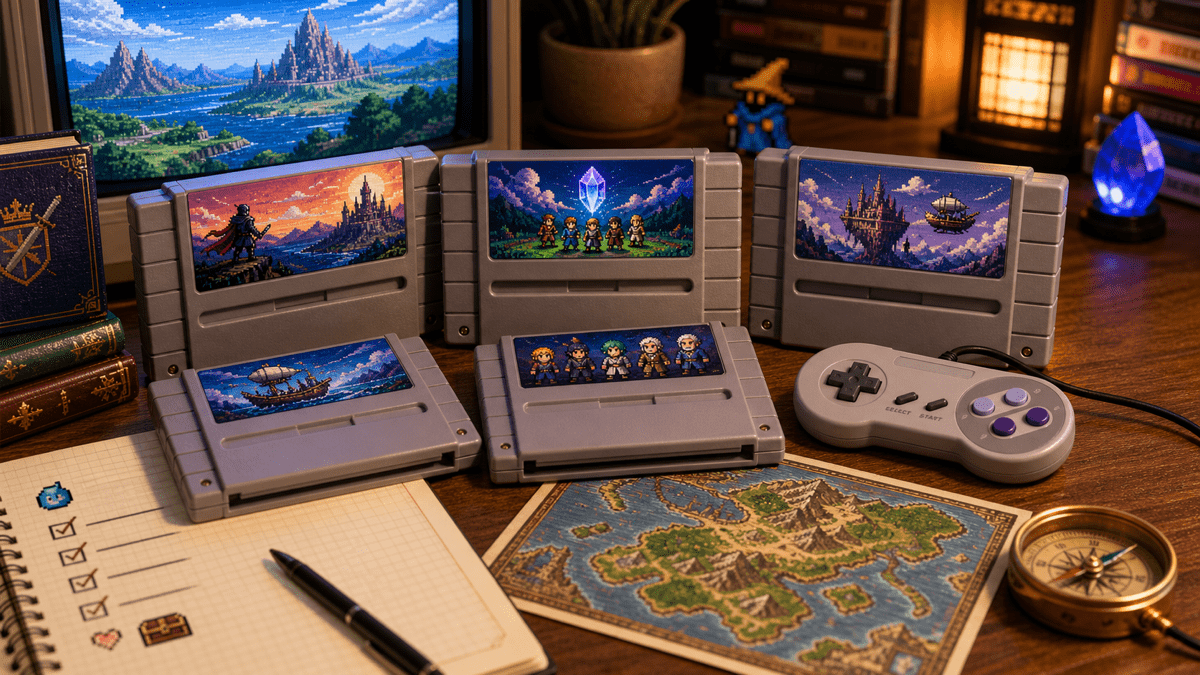 Best Final Fantasy Games for New Retro RPG Players featured image in SNES retro gaming magazine cover style.