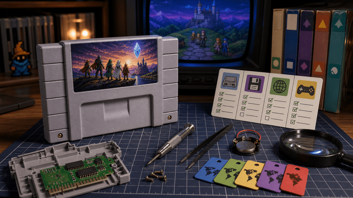 Final Fantasy Cartridge Buying Guide: Language, Save, and Compatibility featured image in SNES retro gaming magazine cover style.