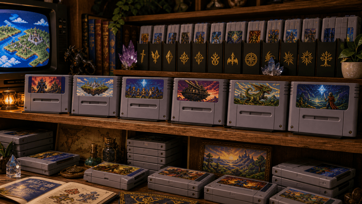 Final Fantasy Collector Shelf: What to Pair with Final Fantasy Cartridges featured image in SNES retro gaming magazine cover style.