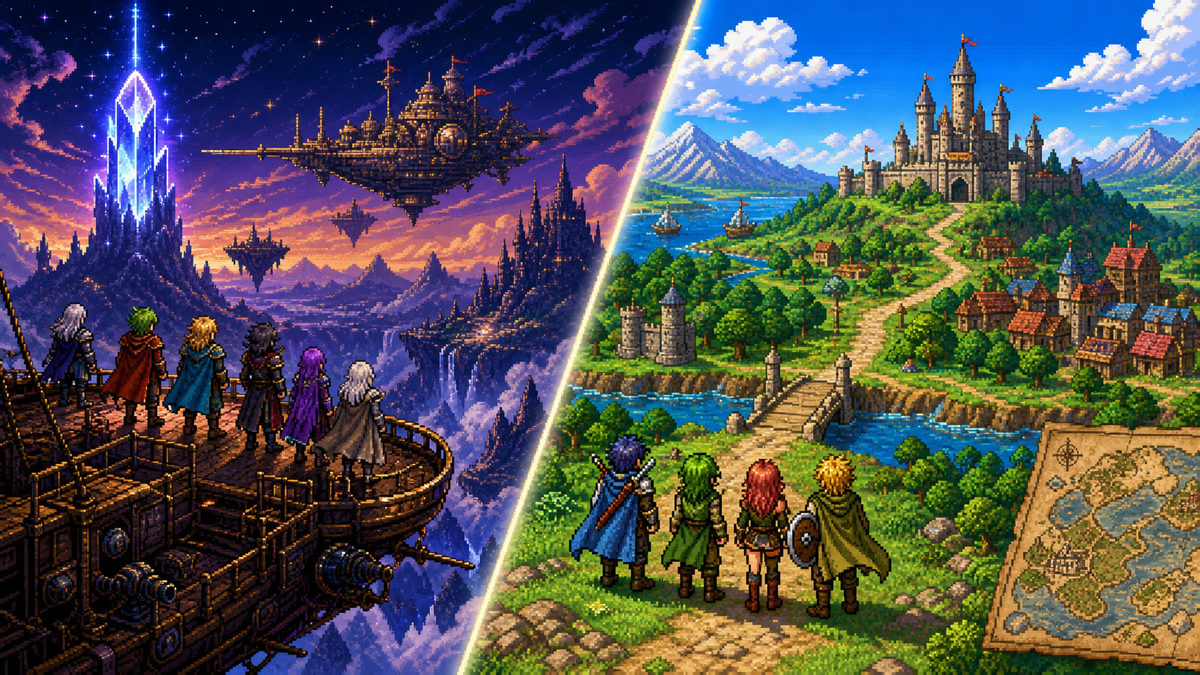 Final Fantasy vs Dragon Quest on SNES: Two RPG Traditions Compared featured image in SNES retro gaming magazine cover style.