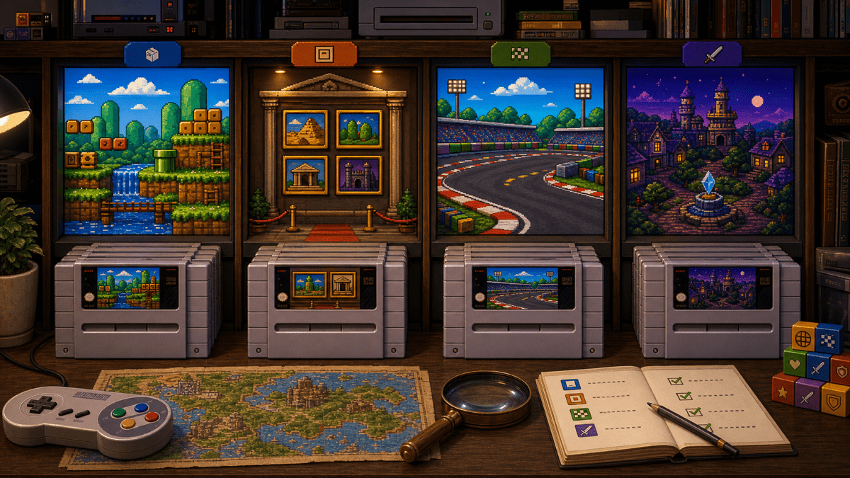 Best Super Mario SNES Games for New Retro Players featured image in 16-bit platform game magazine style.