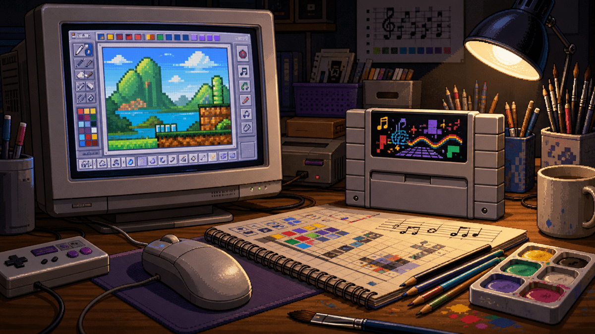 Mario Paint, Creativity, and the SNES Mouse Era featured image in 16-bit platform game magazine style.