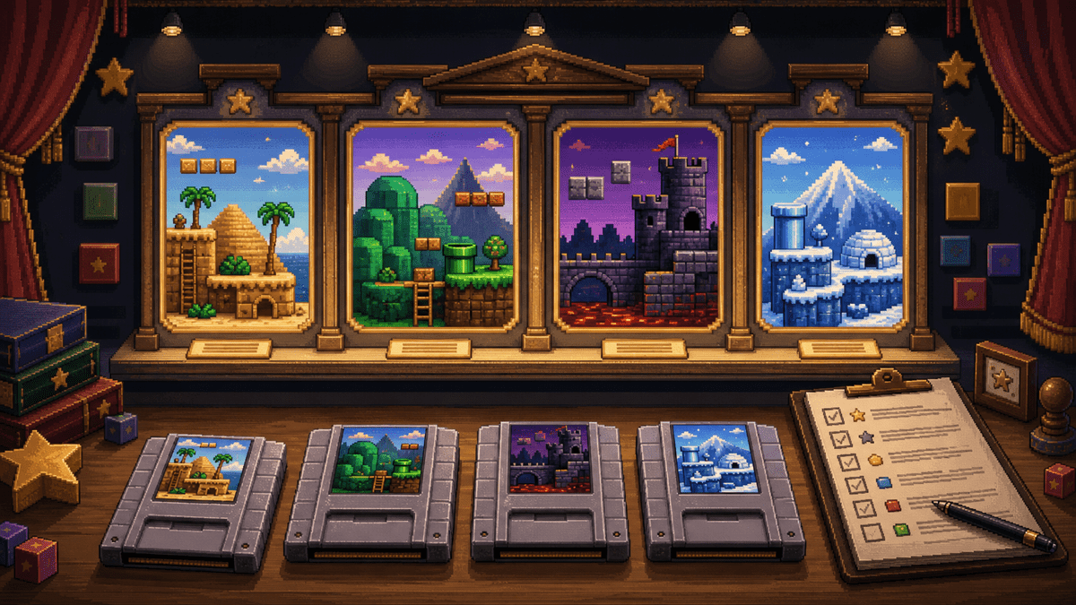 Super Mario All-Stars Collector Guide: 8-Bit Classics in a 16-Bit Frame featured image in 16-bit platform game magazine style.