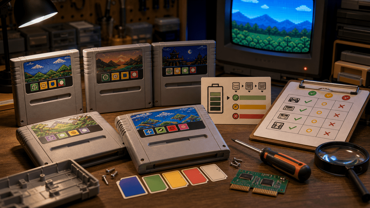 Super Mario Cartridge Buying Guide: Region, Save, and Compatibility featured image in 16-bit platform game magazine style.