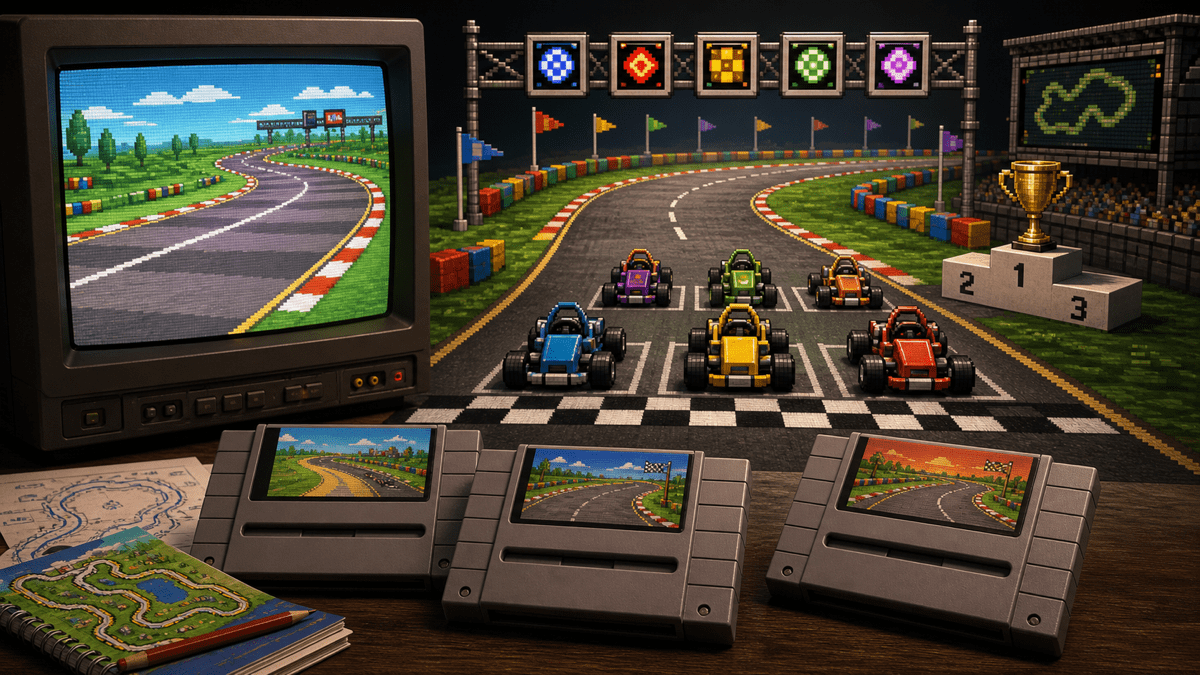Super Mario Kart and the Birth of Console Kart Racing featured image in 16-bit platform game magazine style.