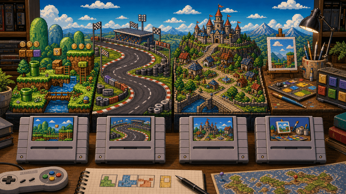 Super Mario on SNES: The Series Index for 16-Bit Collectors featured image in 16-bit platform game magazine style.