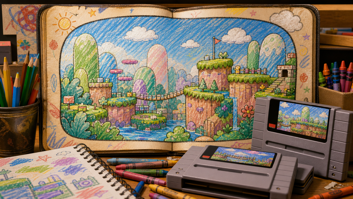 Super Mario World 2: Yoshi's Island and the Hand-Drawn SNES Look featured image in 16-bit platform game magazine style.