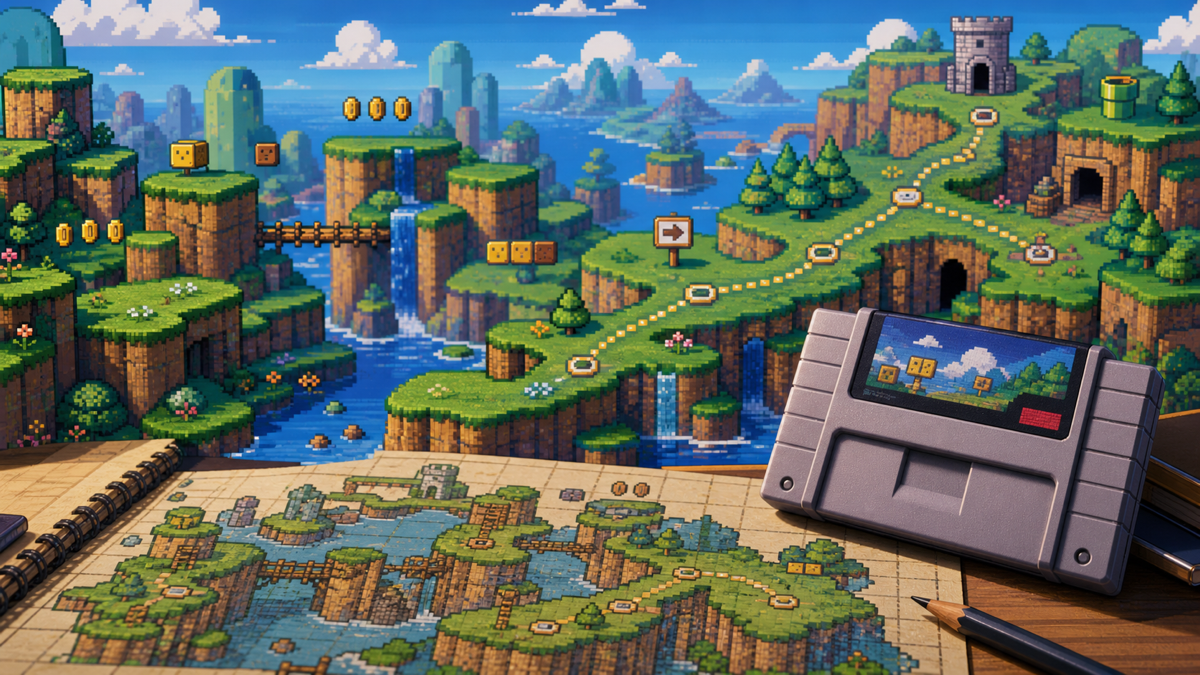 Super Mario World Review: Why Its Level Design Still Teaches Platformers featured image in 16-bit platform game magazine style.
