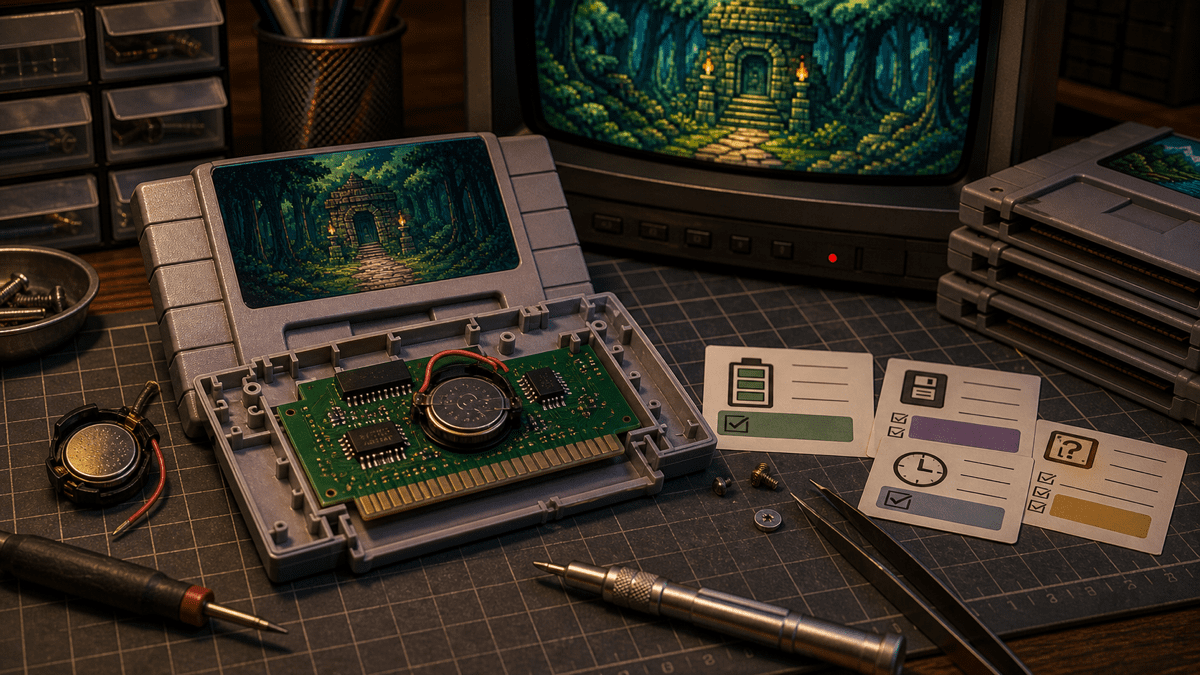 Battery Save in Zelda-Style Adventure Cartridges: What Collectors Should Know featured image in 16-bit fantasy adventure collector style.