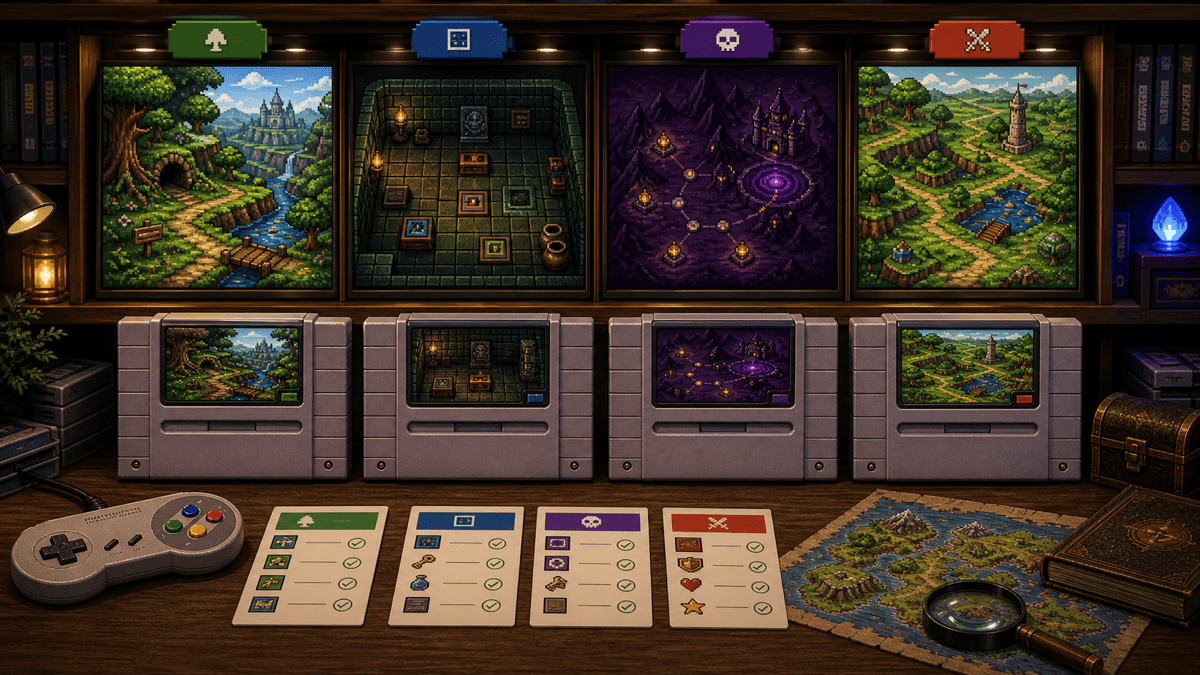 Best Zelda-Style SNES Adventure Games for New Retro Players featured image in 16-bit fantasy adventure collector style.