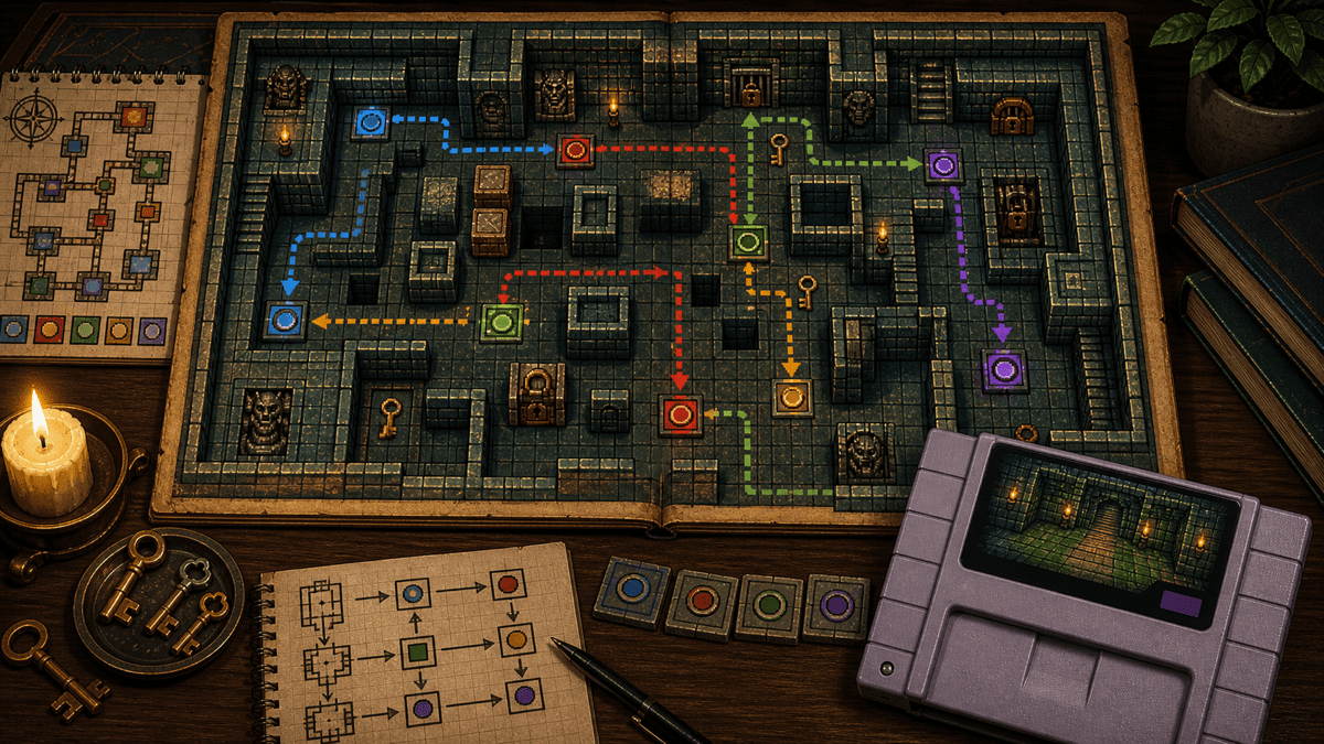 Dungeon Design in A Link to the Past: Keys, Routes, and Memory featured image in 16-bit fantasy adventure collector style.