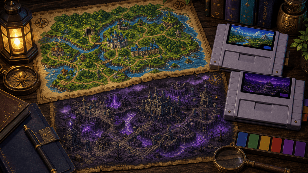 Light World and Dark World: How Dual Maps Changed 16-Bit Adventures featured image in 16-bit fantasy adventure collector style.