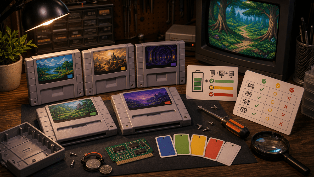 Zelda Cartridge Buying Guide: Region, Save, and Compatibility featured image in 16-bit fantasy adventure collector style.
