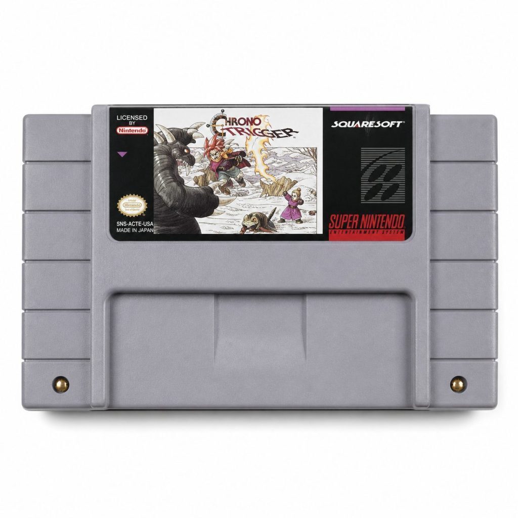 Chrono Trigger custom SNES cartridge with Grade A label, NTSC-U version with SRAM save support.