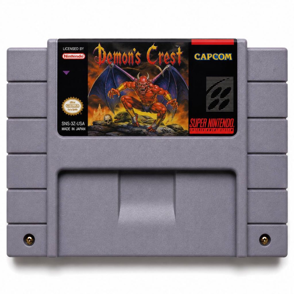 Demon's Crest custom SNES cartridge with Grade A label, NTSC-U version with SRAM save support.