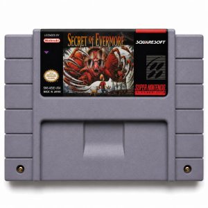 Secret of Evermore custom SNES cartridge with Grade A label, NTSC-U version with SRAM save support.