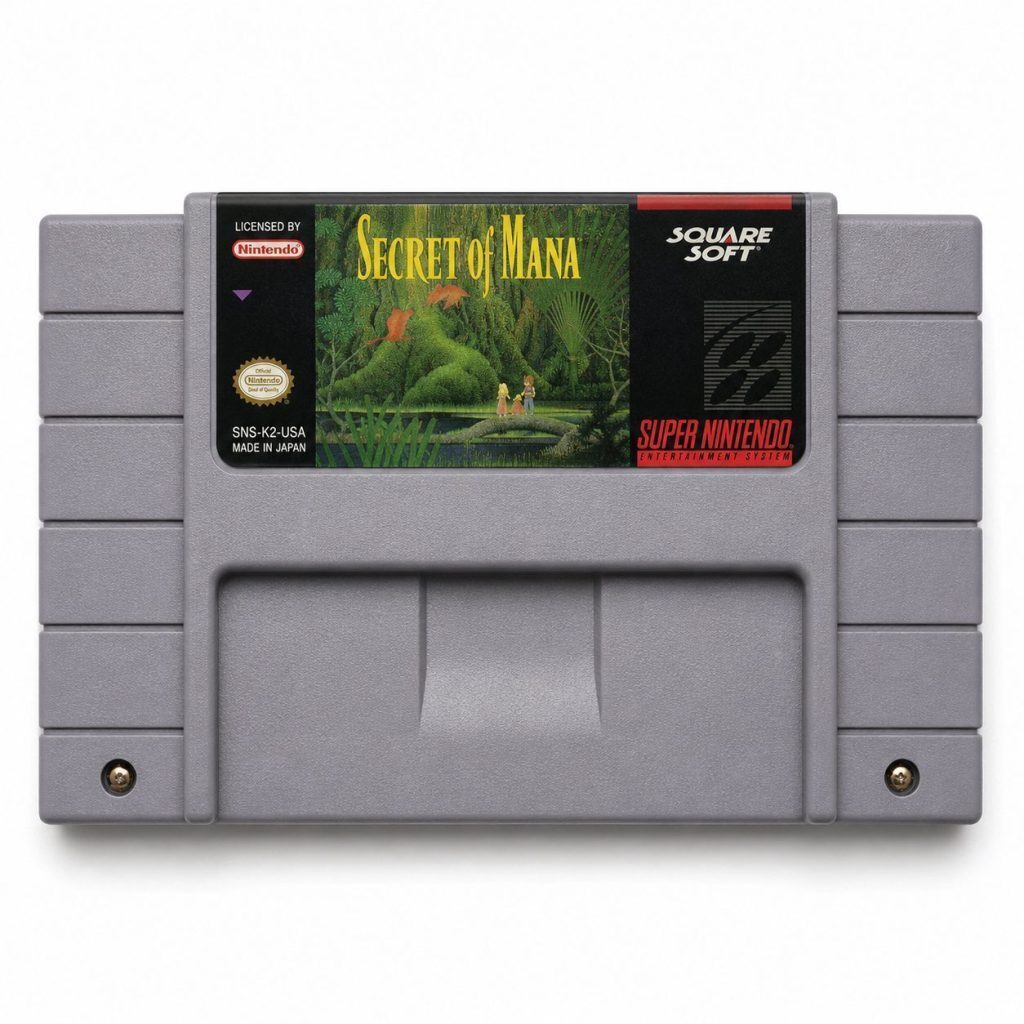 Secret of Mana custom SNES cartridge with Grade A label, NTSC-U version with SRAM save support.