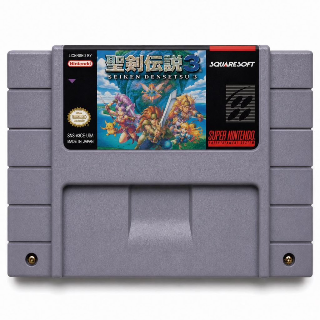 Seiken Densetsu 3 custom SNES cartridge with Grade A label, NTSC-J version with SRAM save support.