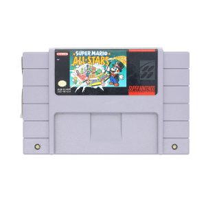 Super Mario All-Stars custom SNES cartridge with Grade A label, NTSC-U version with SRAM save support.