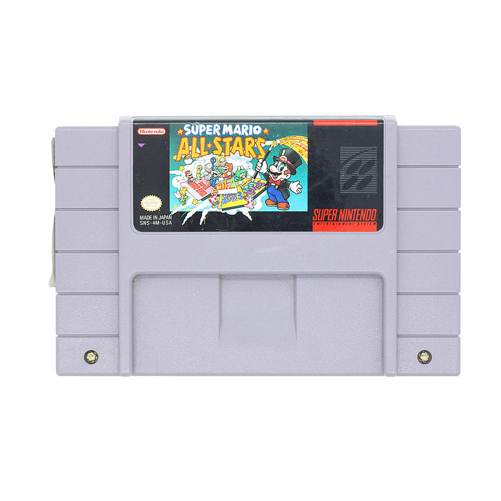 Super Mario All-Stars custom SNES cartridge with Grade A label, NTSC-U version with SRAM save support.