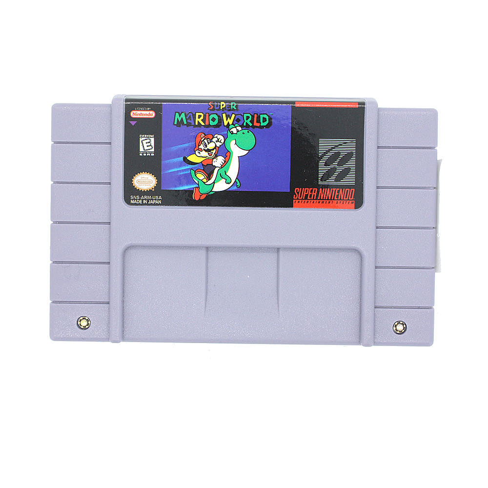 Super Mario World custom SNES cartridge with Grade A label, NTSC-U version with SRAM save support.